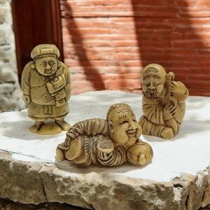Netsuke Japanese Set of 3 Detailed Resin Vintage Etched Handmade Figurines